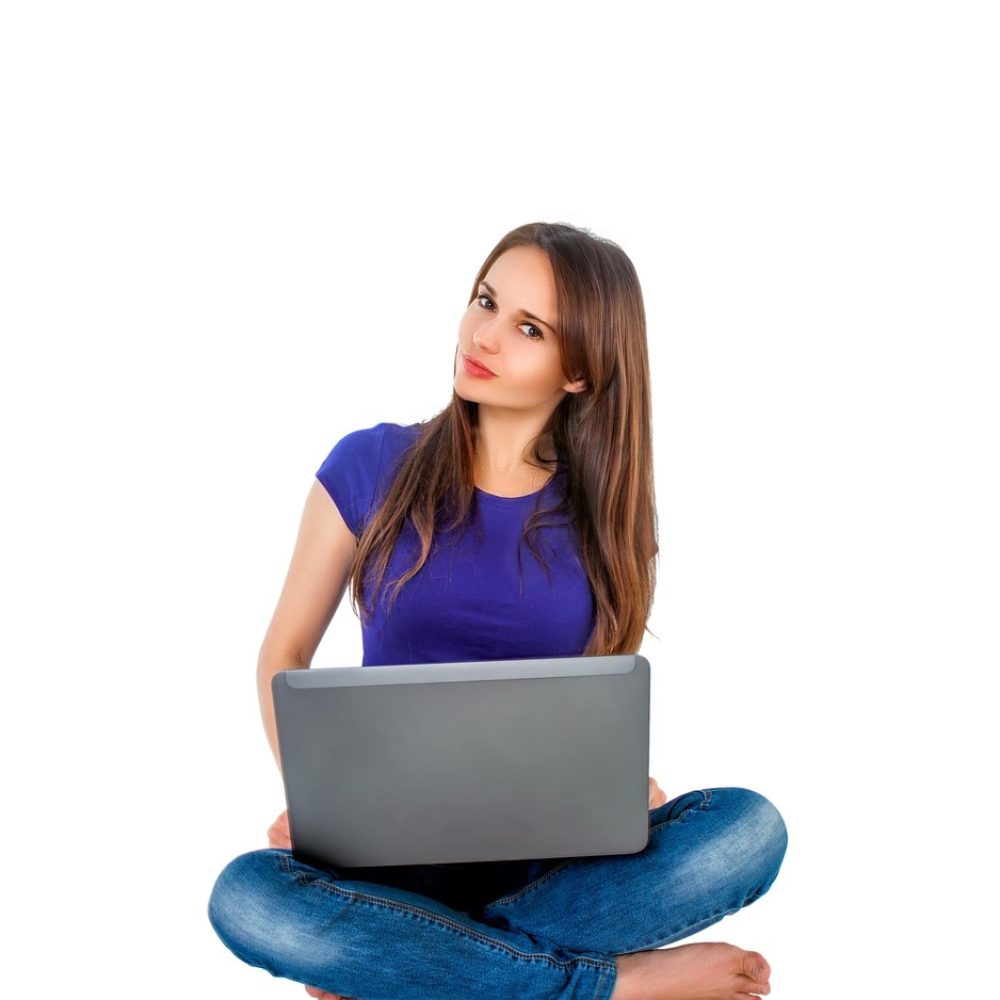 computer, notebook, young woman, work, people, woman, emotions, beautiful, white background, online, sitting, isolated, young, girl with computer, beauty, online, online, online, online, online